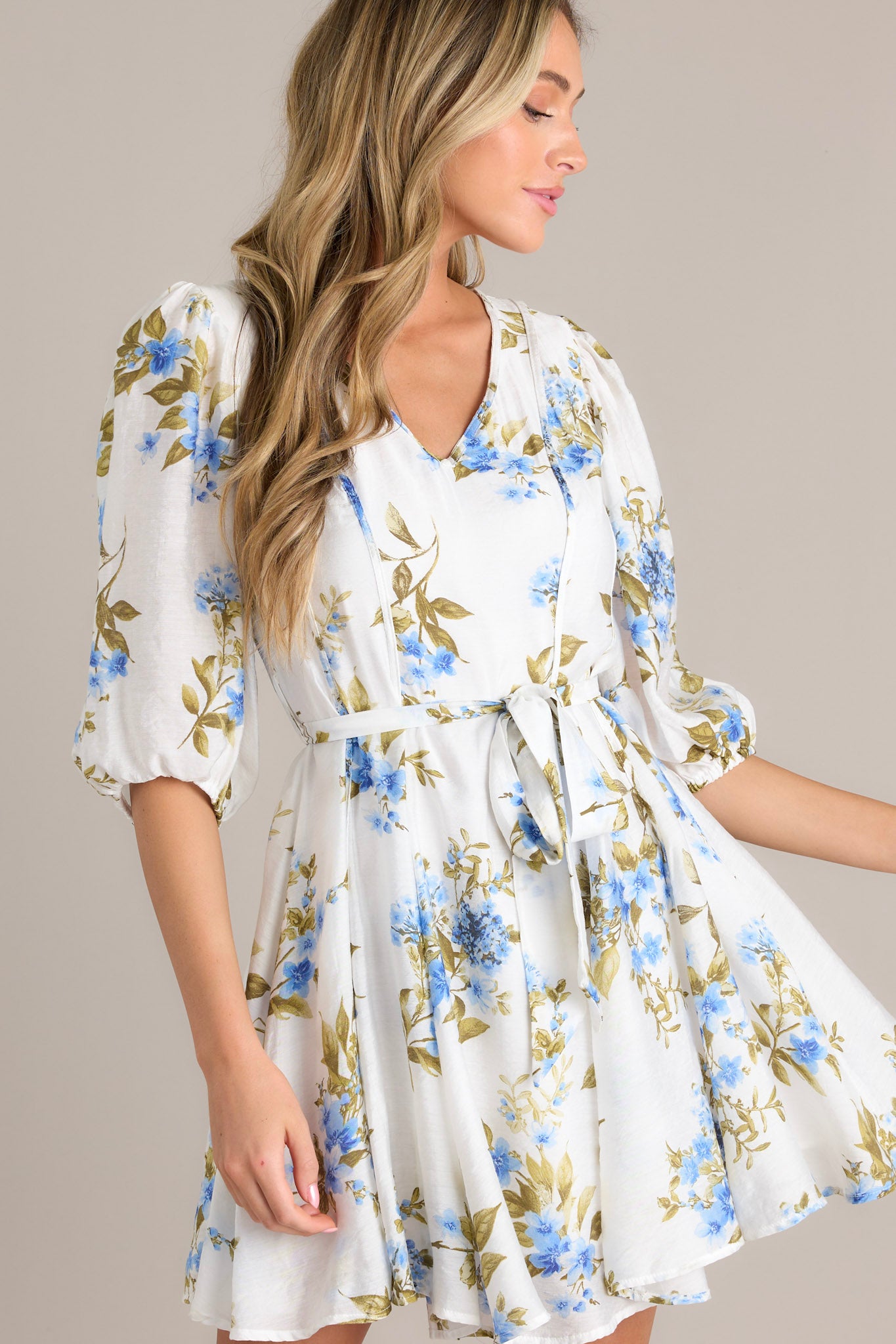 Blue Striped Trim Half Buttons Short Sleeve Floral Dress main image 1