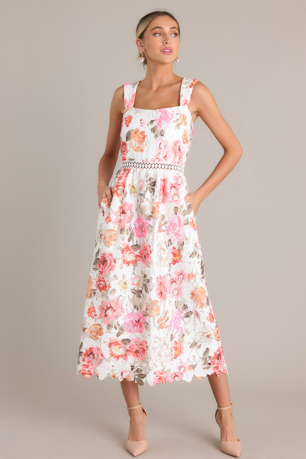 knee length dresses for ladies White Multi Floral Lace Midi Dress - All Dresses