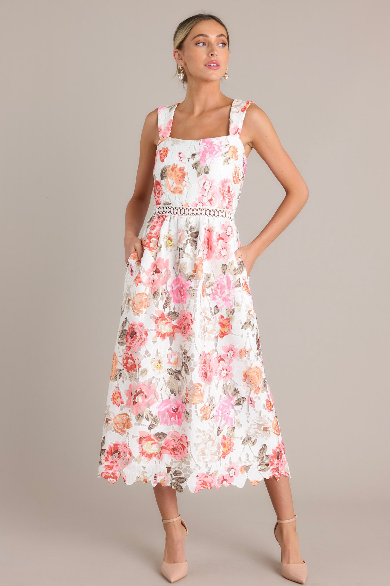 White Multi Floral Lace Midi Dress - All Dresses | Red Dress