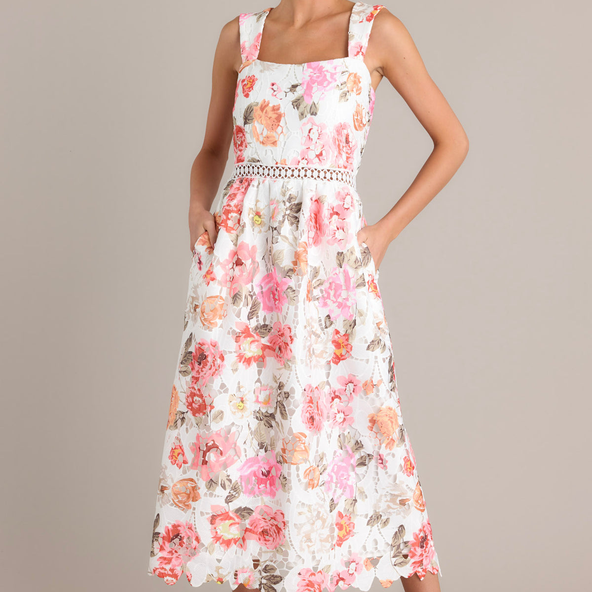 White Multi Floral Lace Midi Dress - All Dresses