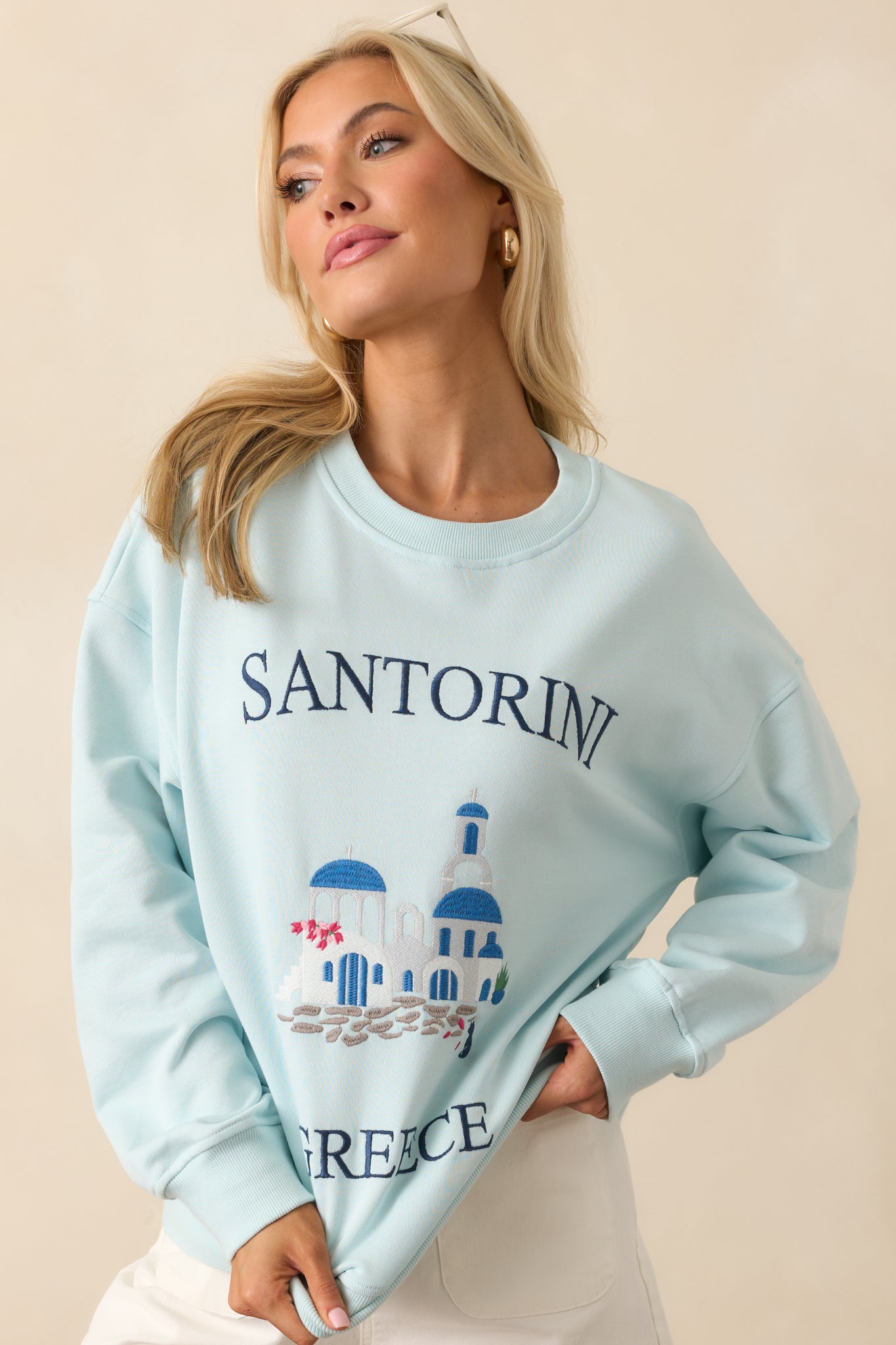 Santorini Dreaming Light Blue Crew Neck Sweatshirt
