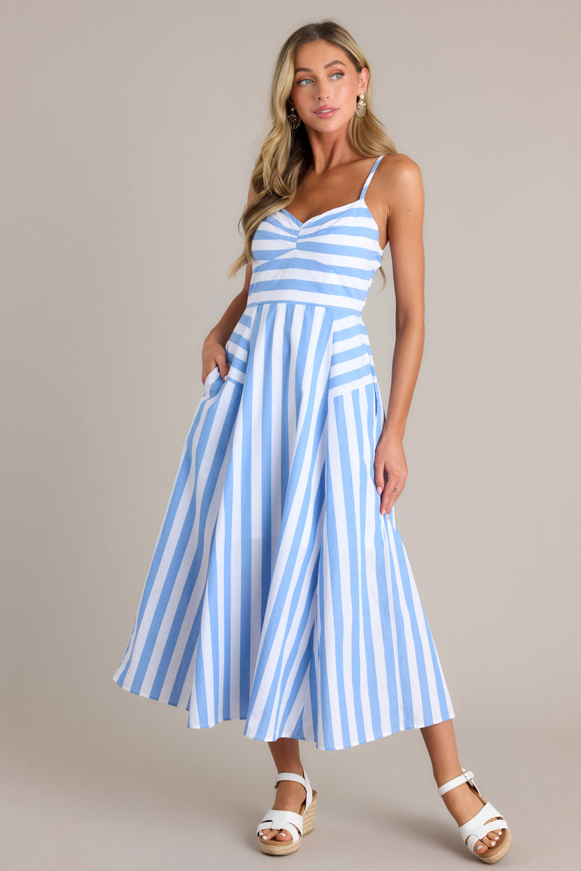 100% Cotton Light Blue Stripe Midi Dress