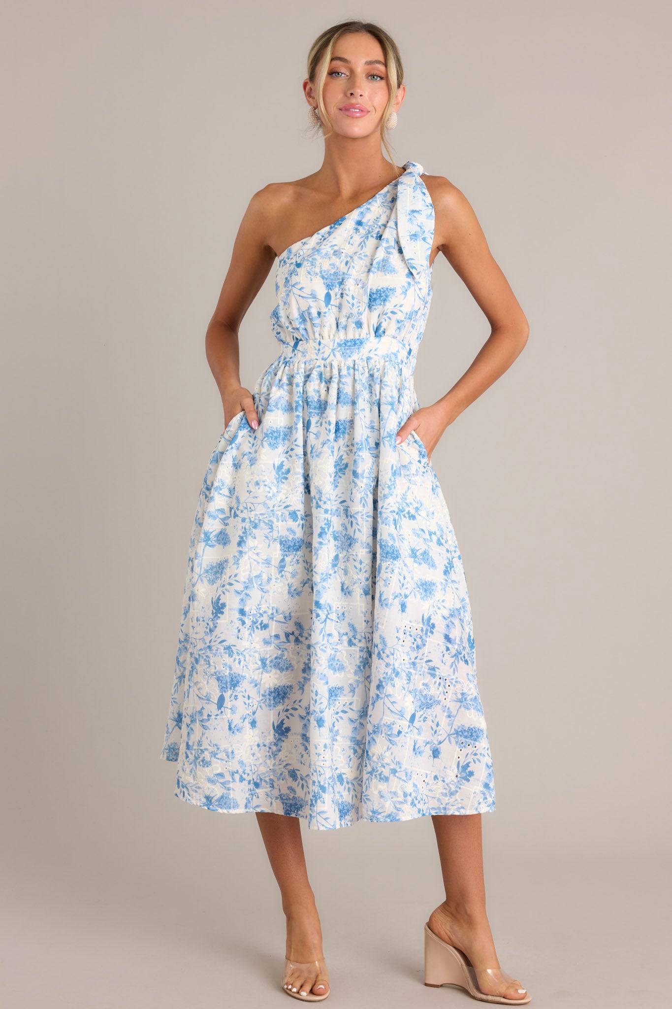 Blue Floral One Shoulder Midi Dress