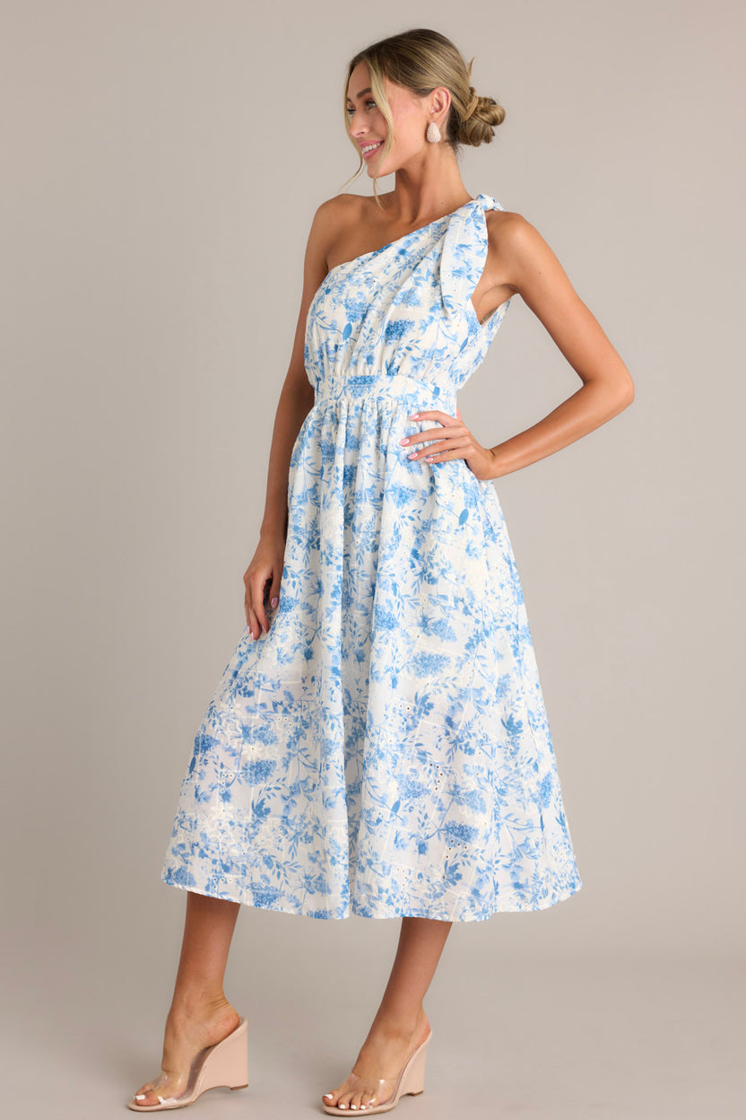 Blue Floral One Shoulder Midi Dress
