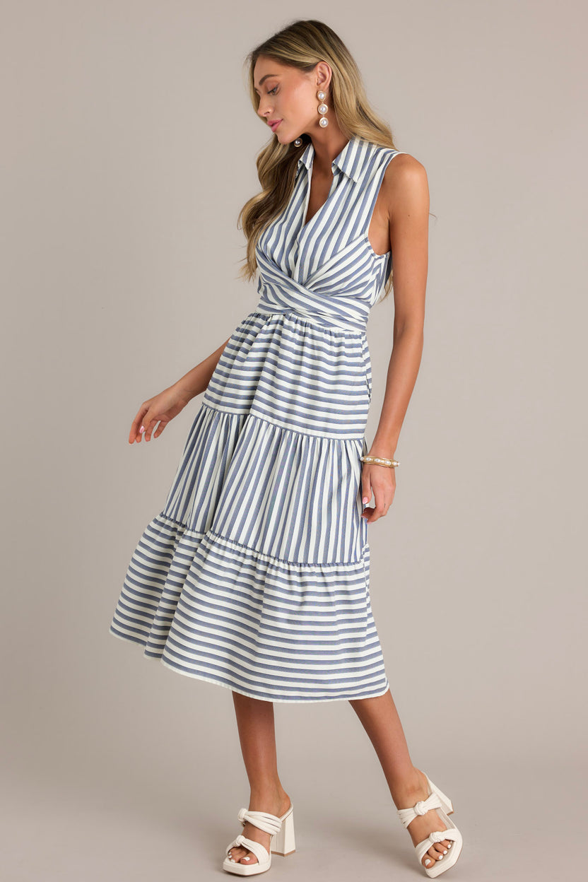 Navy Stripe Collared Sleeveless Midi Dress - All Dresses | Red Dress