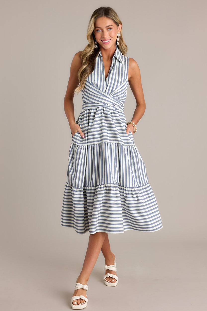 Navy Striped Collared Button Down Tiered Dress