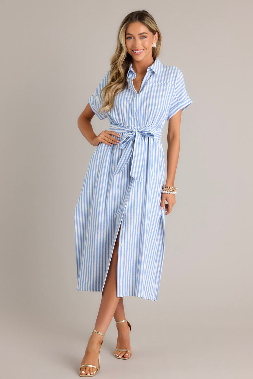 Women White & Blue Stripes Sleeveless Midi Dress