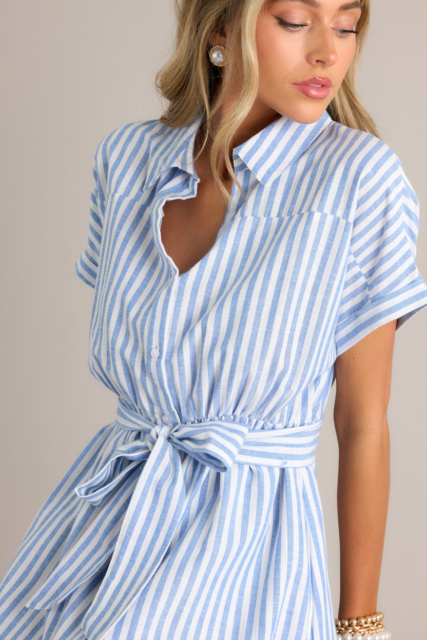 Blue & White Stripe Button Front Midi Dress