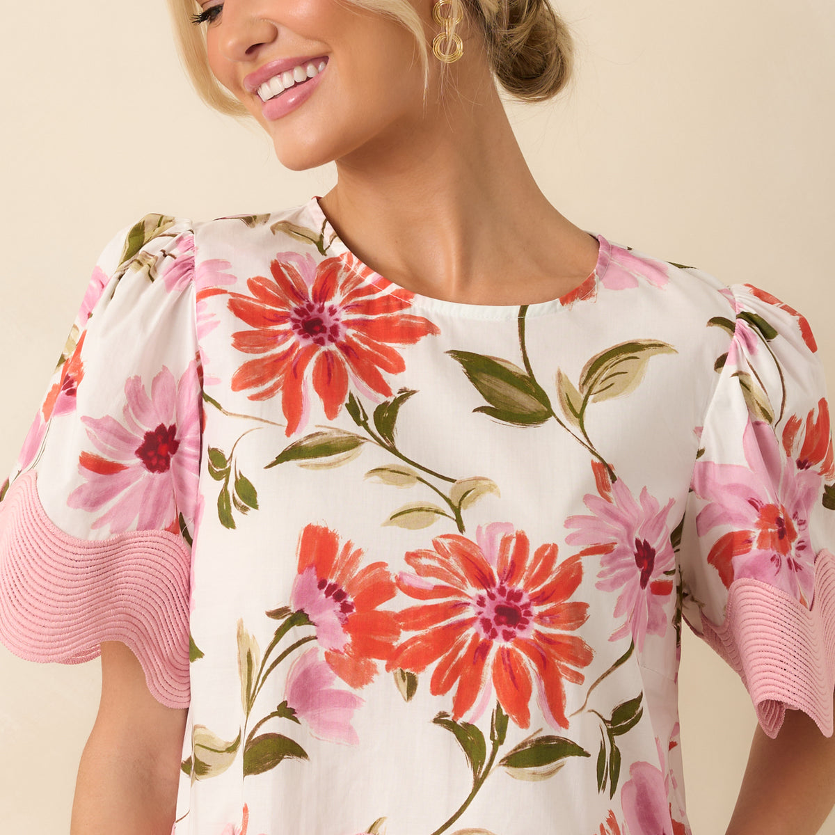トップス flower scallop couture blouse Pink Floral Print Cotton Scallop Hem Top - All Tops | Red Dress