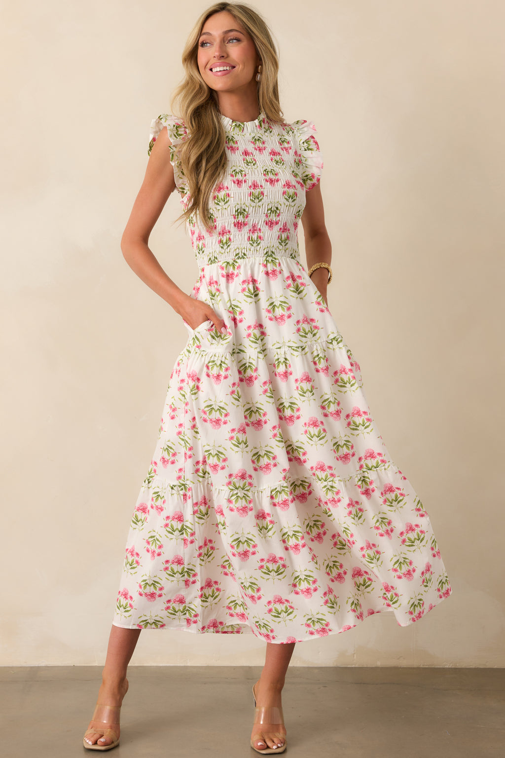 Pink Floral Cotton Smocked Maxi Dress - Casual Dresses