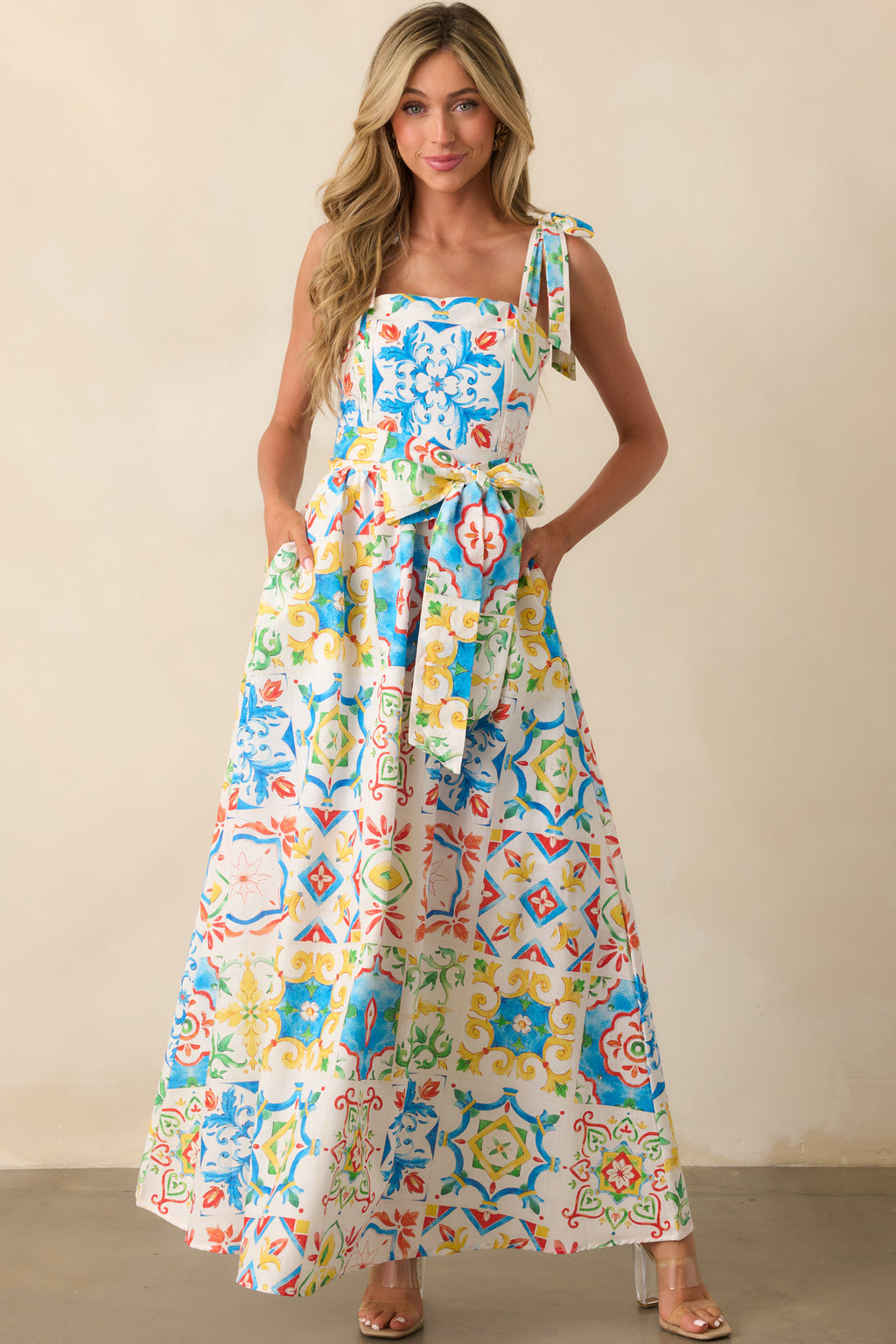 aqua tile print maxi dress Prosperina Sicilian - All Dresses flops for a casual Ava Midi OPTIONS:Only Bustier Piccadilly