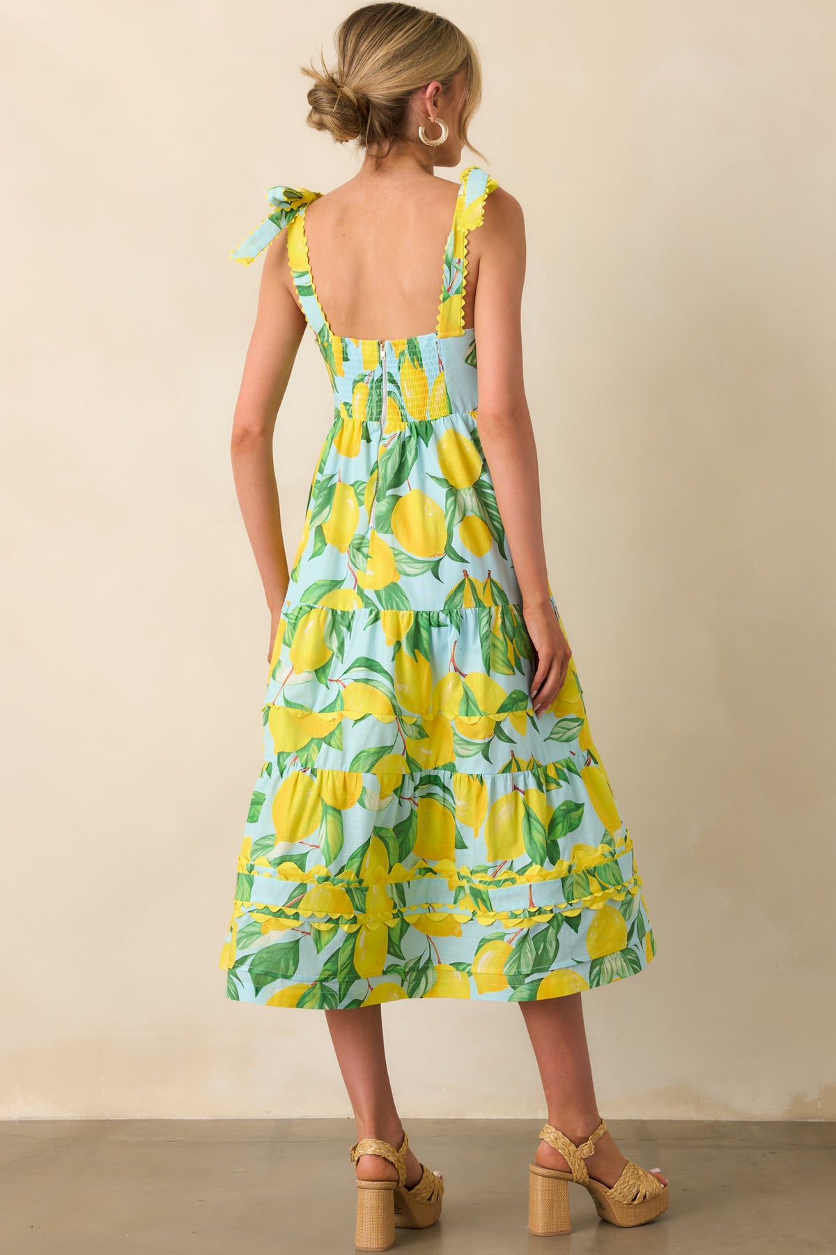 Blue Lemon Print Cotton Midi Dress