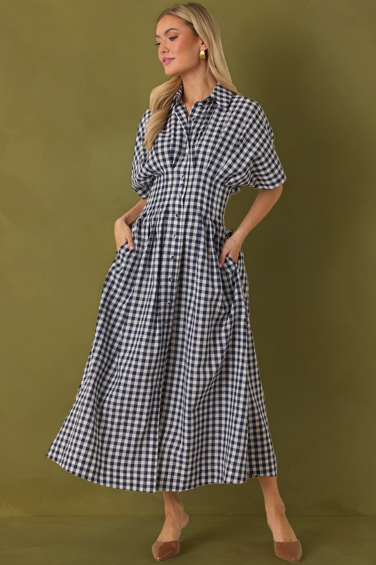 Prosperina Leighton Navy Gingham Button Front Midi Dress