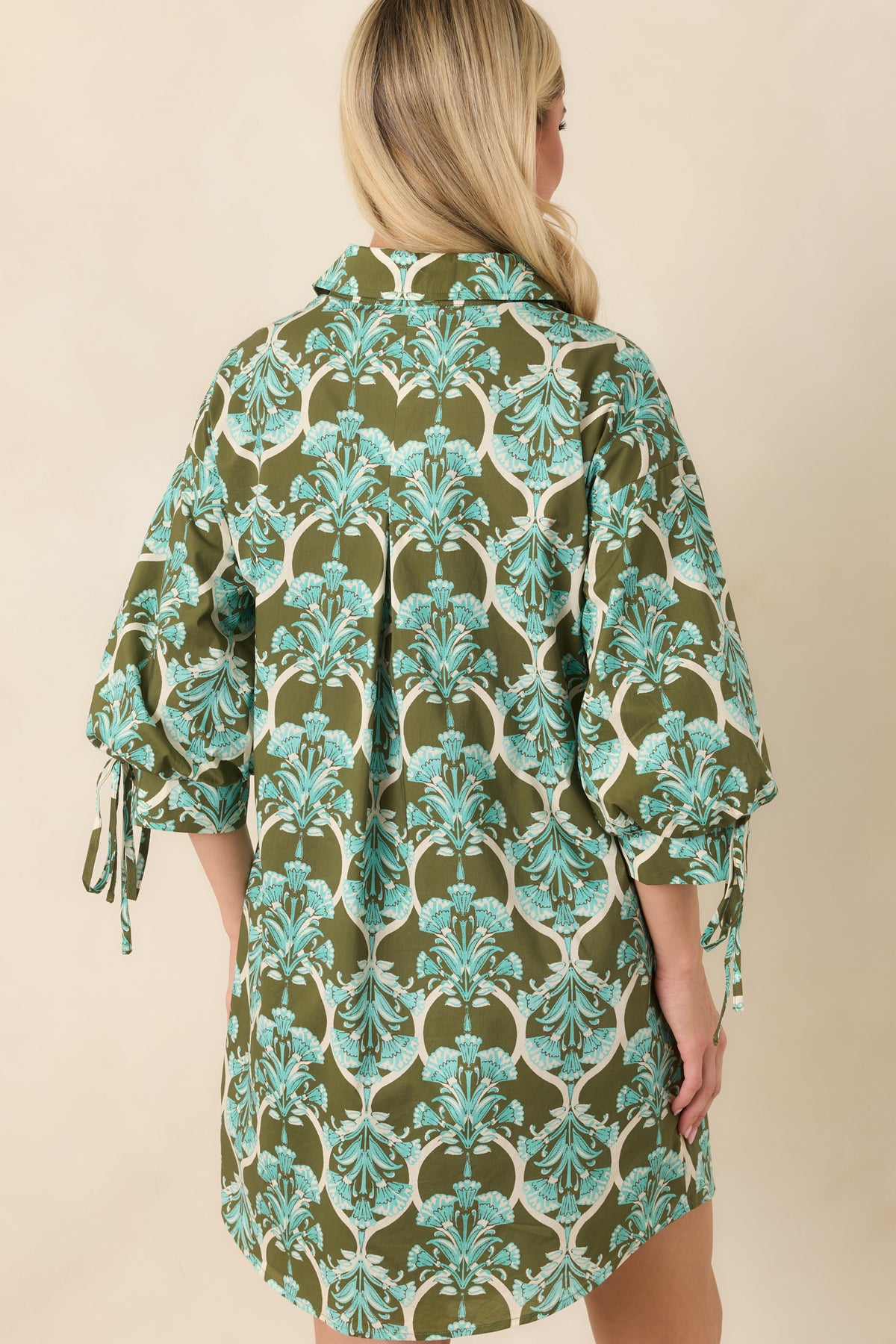 Sun Daze Olive & Aqua Floral Cotton Mini Shirt Dress