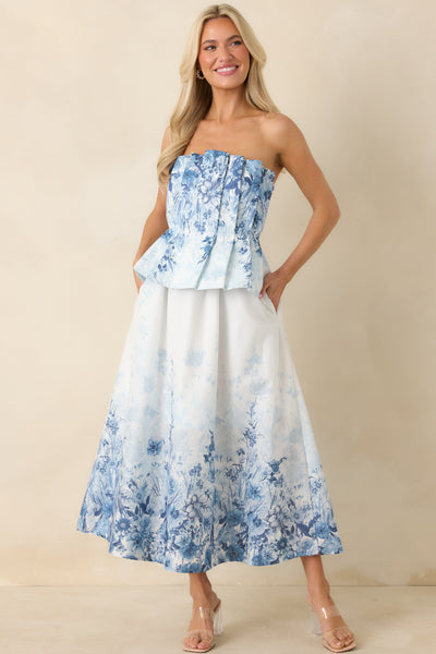 Women's Gathered in Grace Blue Floral Cotton Strapless Midi Dress | Size: L