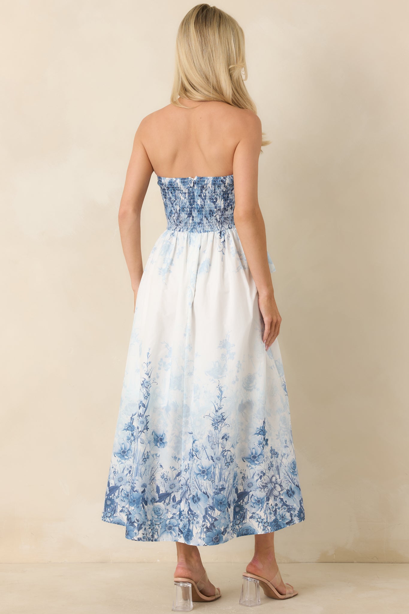 strapless floral midi dress Women's Gathered in Grace Blue Floral Cotton Strapless Midi Dress | Size: L
