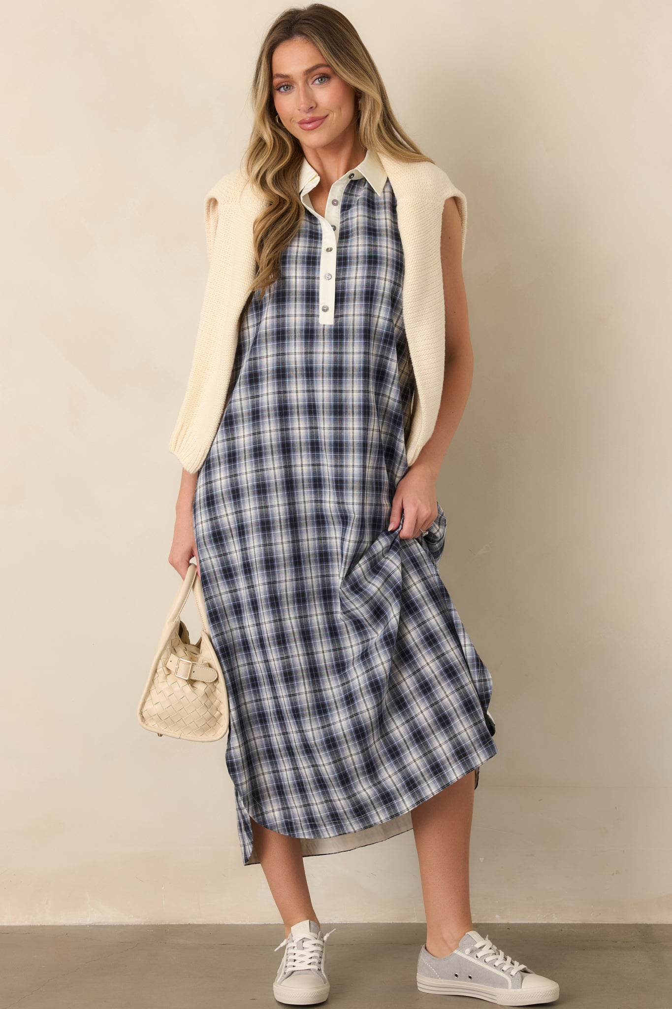 Small Town Story Navy Plaid Cotton Midi Dress