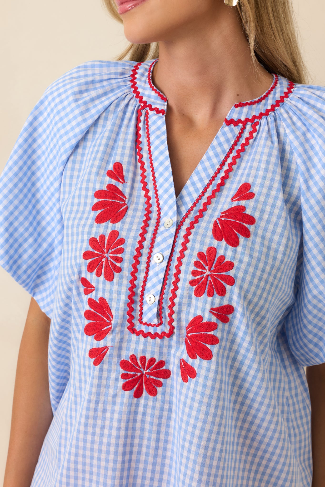 Red Dress | Light Blue Gingham Embroidered Cotton Top - All Tops