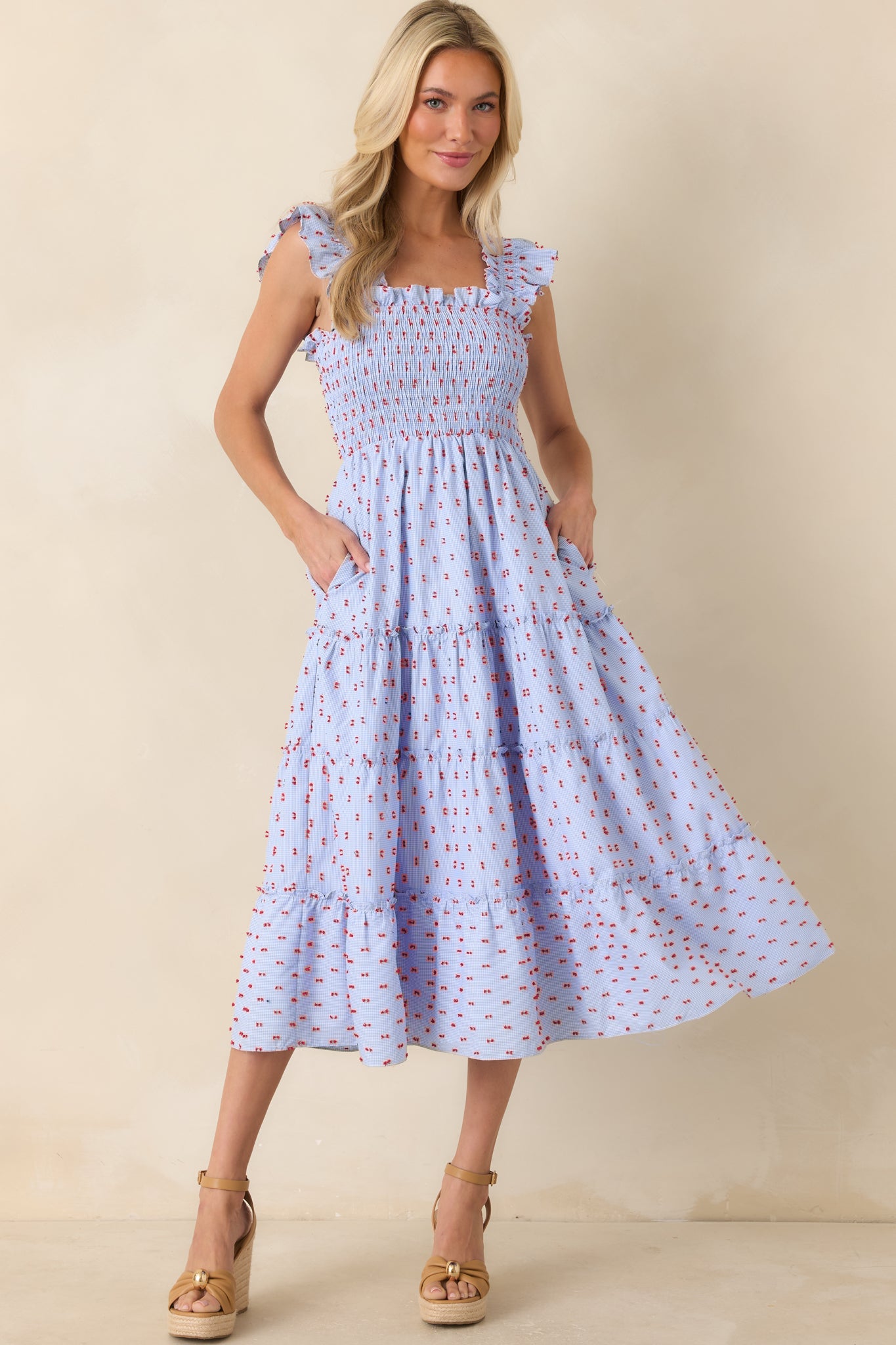 Lightweight cotton midi dress with a square neckline, ruffled shoulder straps, and a comfortable pull-on silhouette.