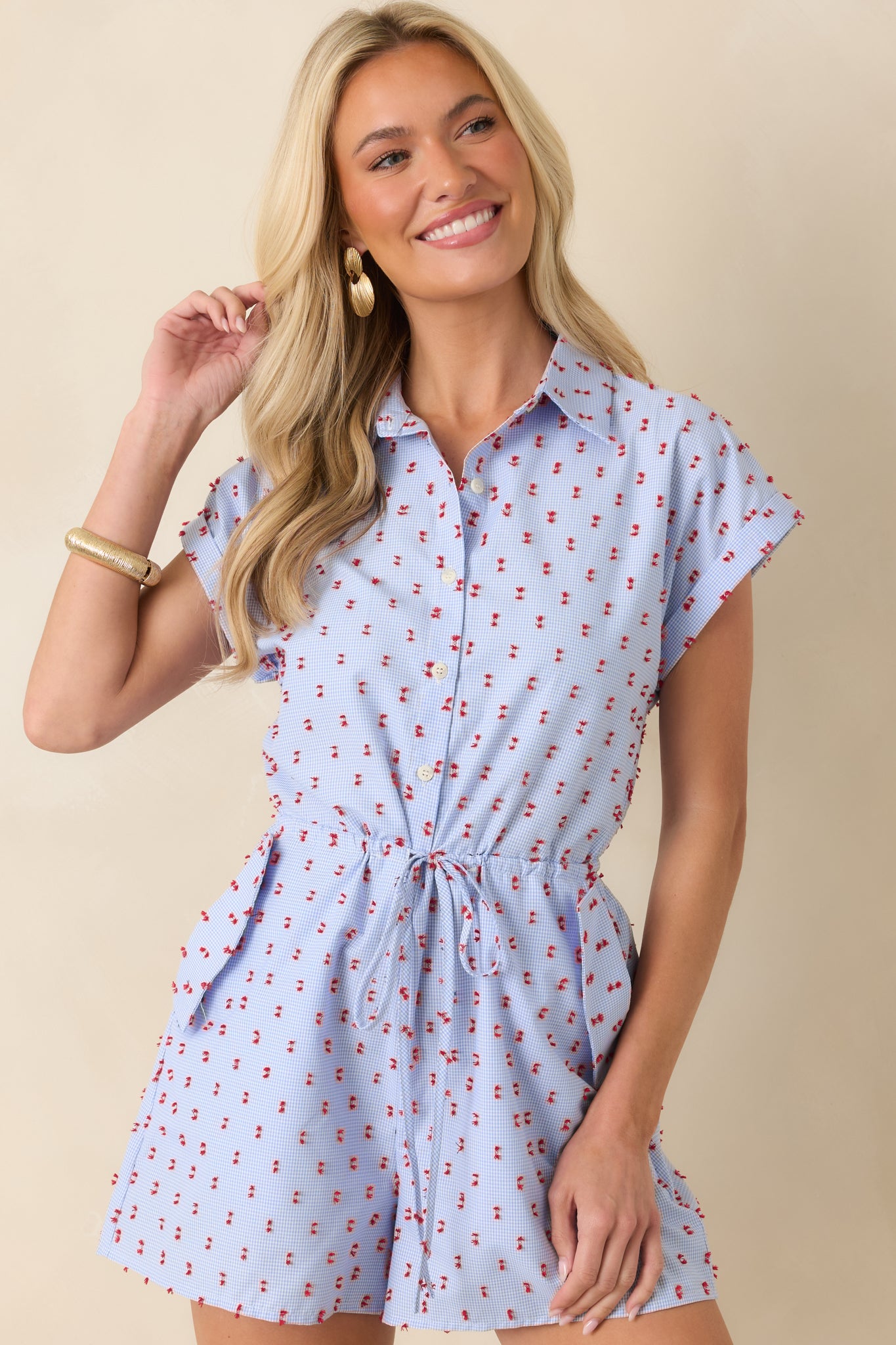 Close view of the collared neckline and button-front bodice on the blue gingham embroidered romper.