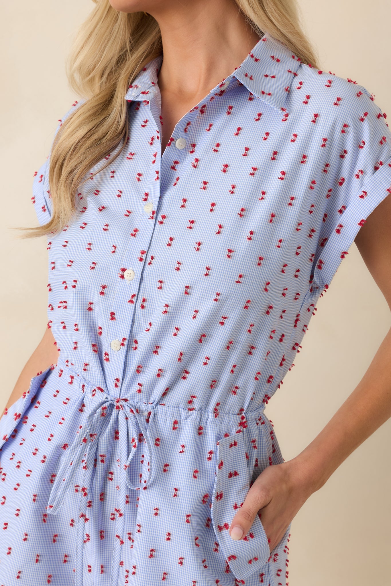 Close-up of the blue gingham fabric featuring textured red tufted embroidery, button details, and lightweight cotton construction.