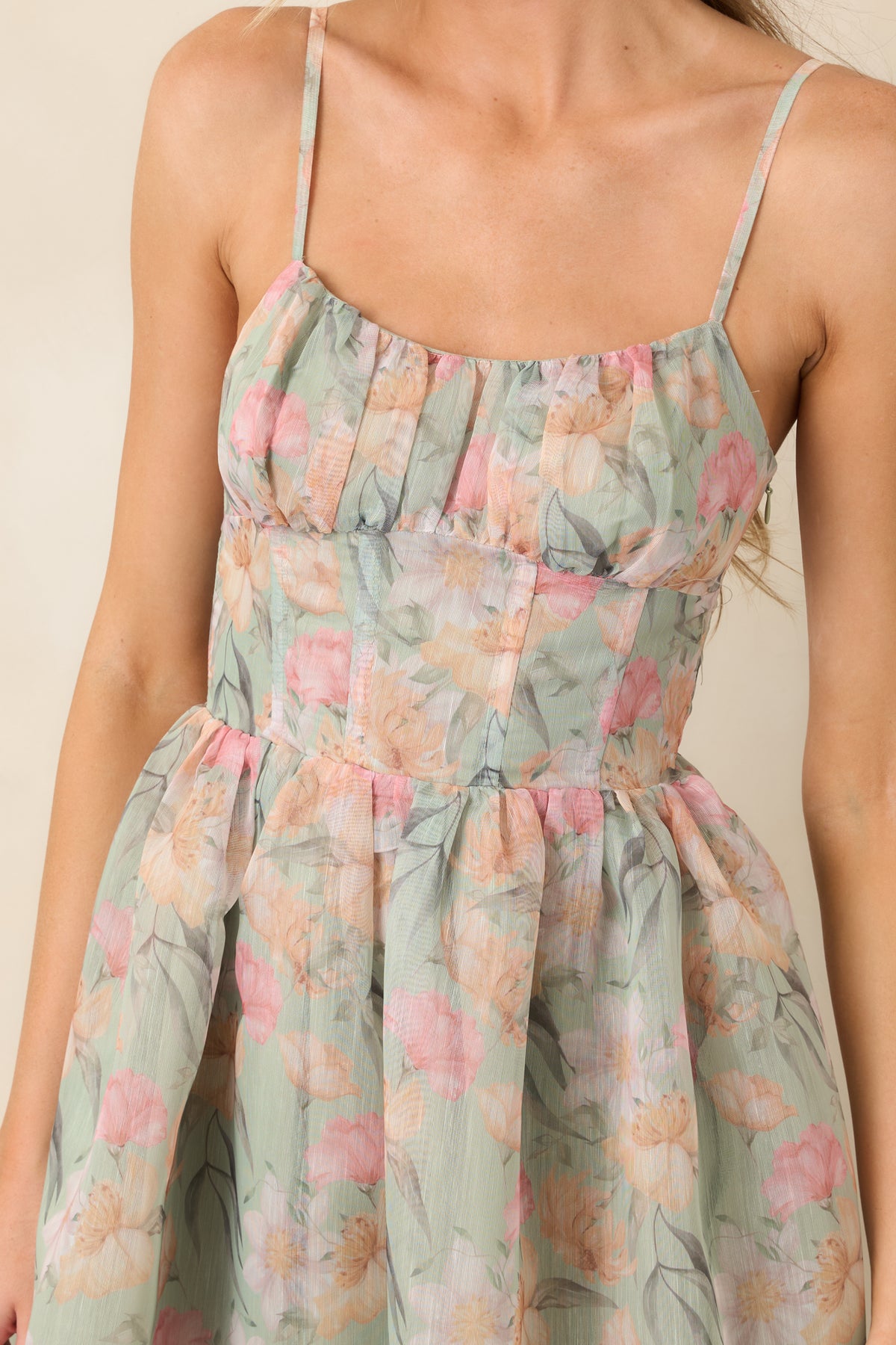 En Saison Kacey Sage Multi Floral Ruched Bodice Midi Dress