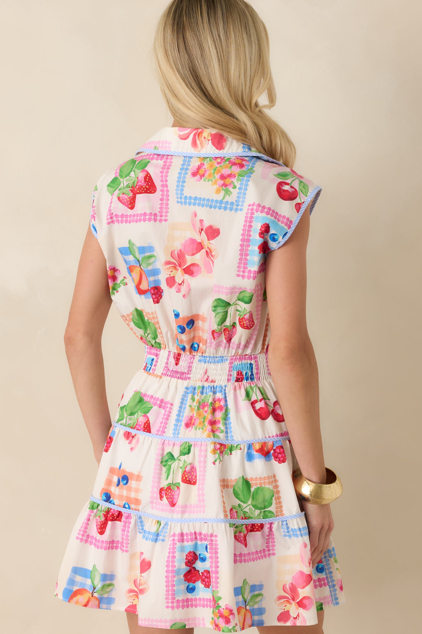 Back view of the multi fruit print mini dress featuring a collared neckline, cap sleeves, and a relaxed tiered silhouette.