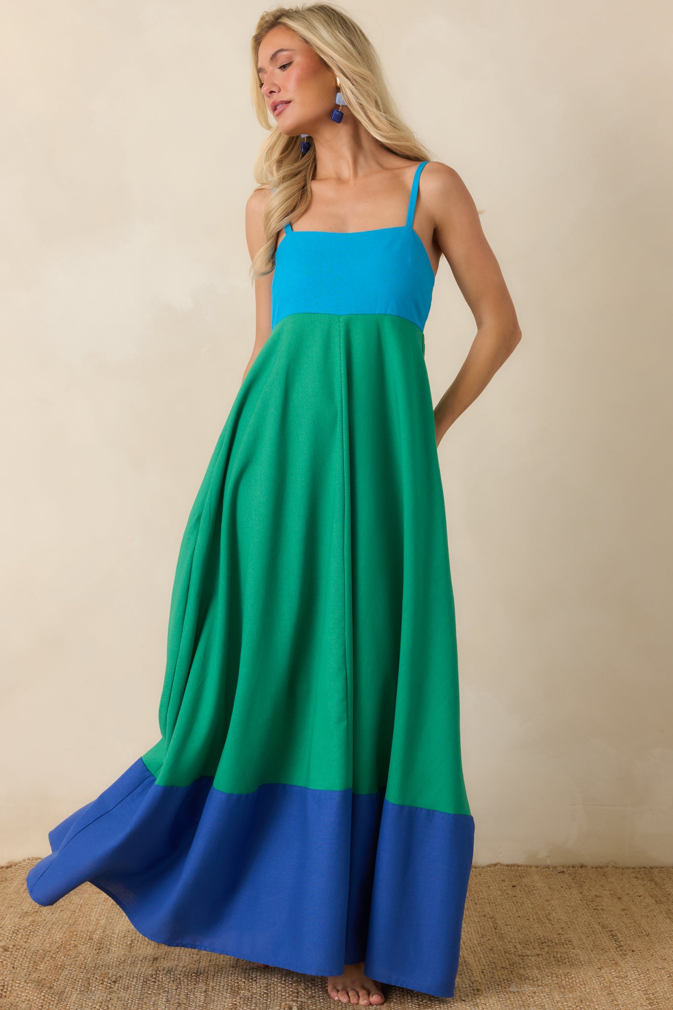Color block linen blend dress showcasing adjustable shoulder straps, a smocked back bodice, and an easy breezy drape.
