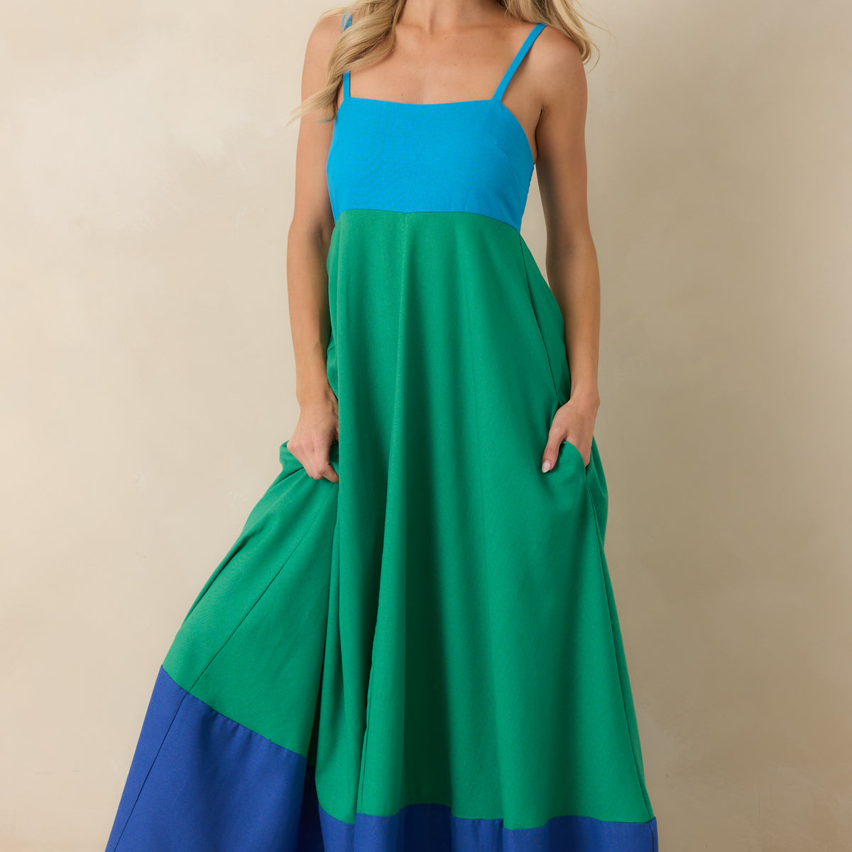 blue green combination dress Green and Blue Midi Dress - Color Block Dress - Cutout Dress