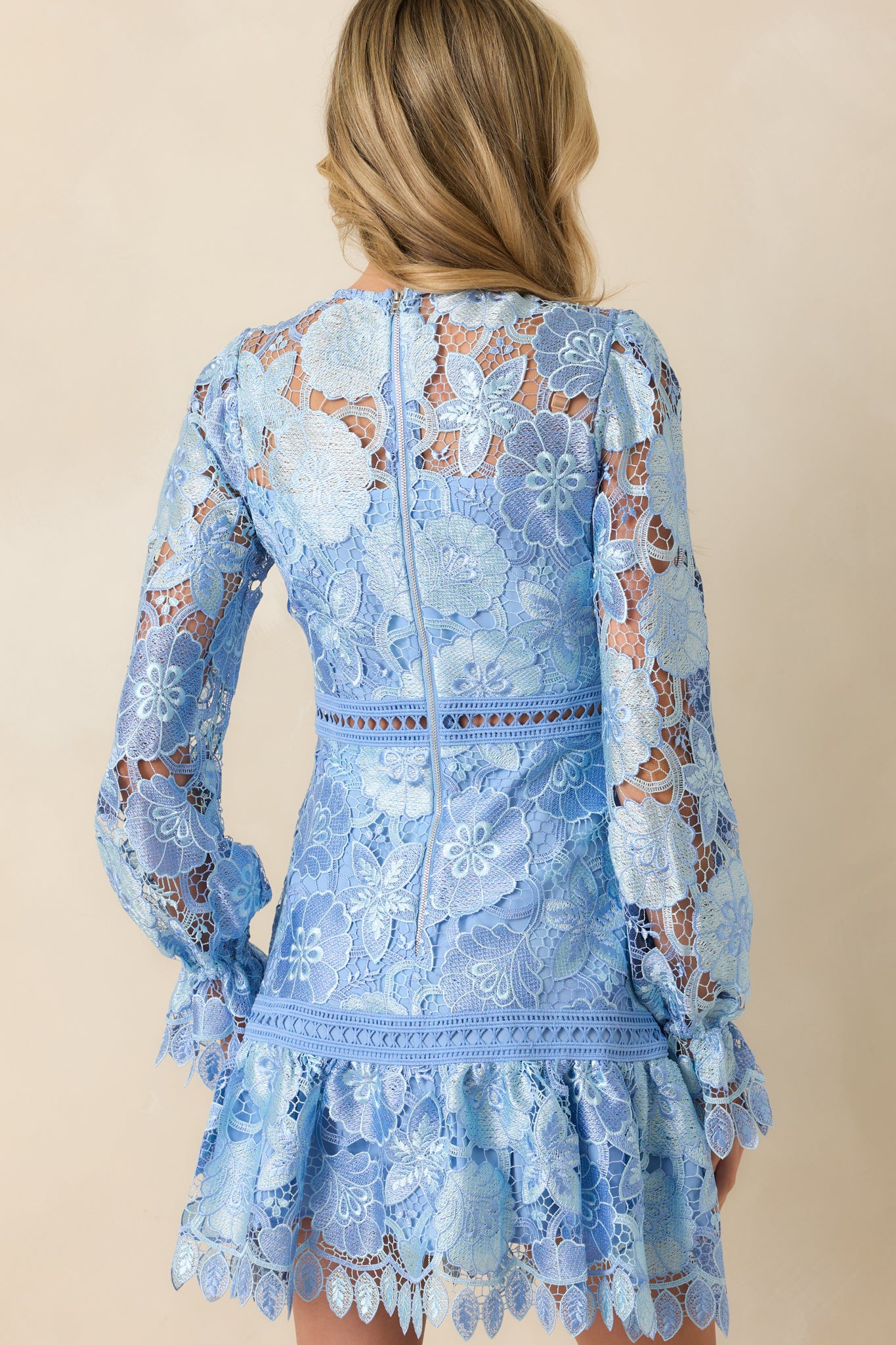A view from behind of the mini dress, displaying the back zipper closure and embroidered overlay across the upper back.