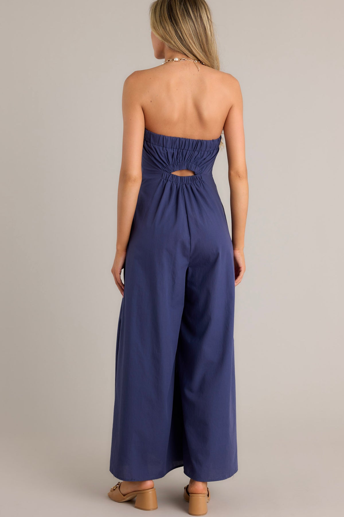Strapless Ruched Button-Front Wide-Leg Jumpsuit