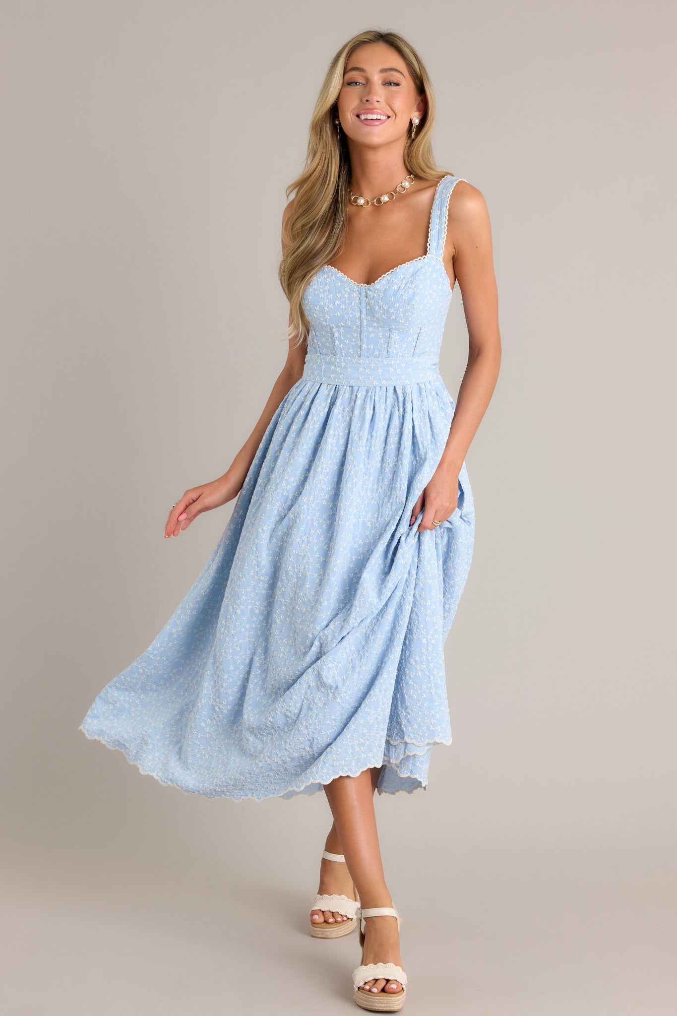 Stitched Serenity Light Blue Embroidered Midi Dress Stitched Serenity Light Blue Embroidered Midi Dress