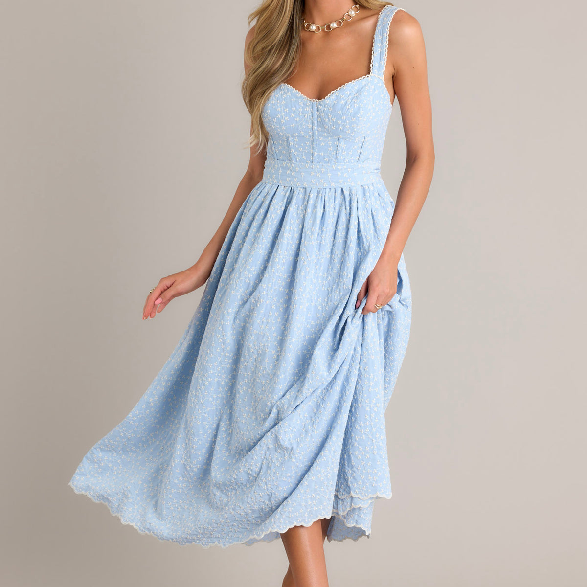 Light Blue Embroidered Midi Dress - All Dresses |Red Dress