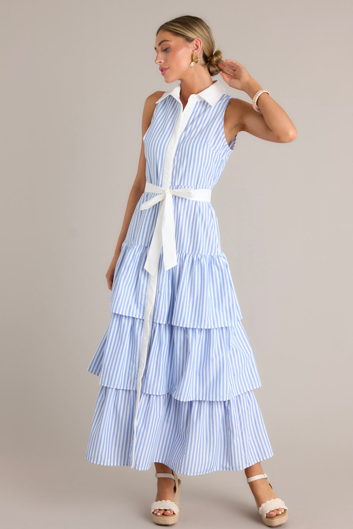 Blue Stripe Button Front Maxi Dress
