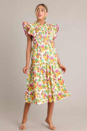 Yellow Floral Cotton Midi Dress