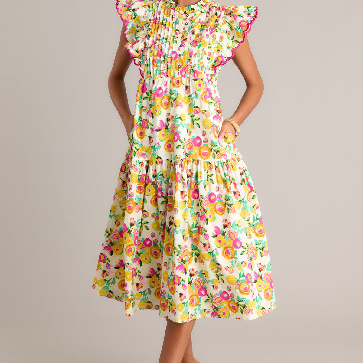 red dress yellow flowers 100% Cotton Yellow Floral Midi Dress - All Dresses