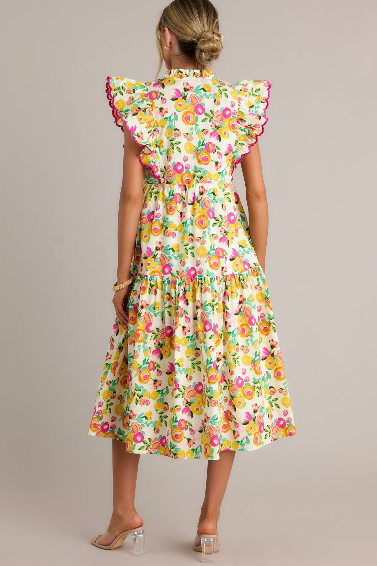 100% Cotton Yellow Floral Midi Dress - All Dresses | Red Dress