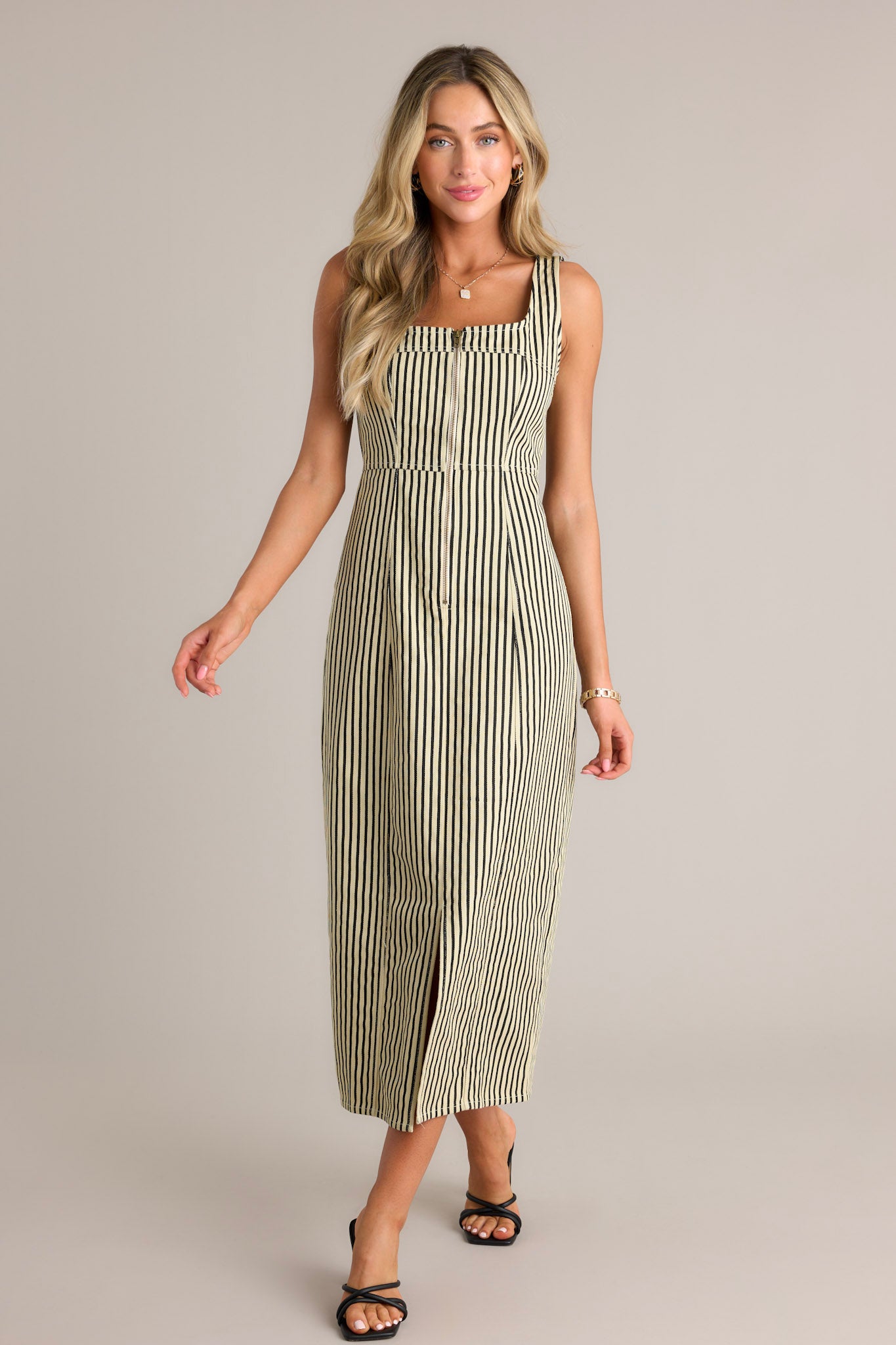 Black Stripe Zip Front Denim Maxi Dress - All Dresses | Red Dress