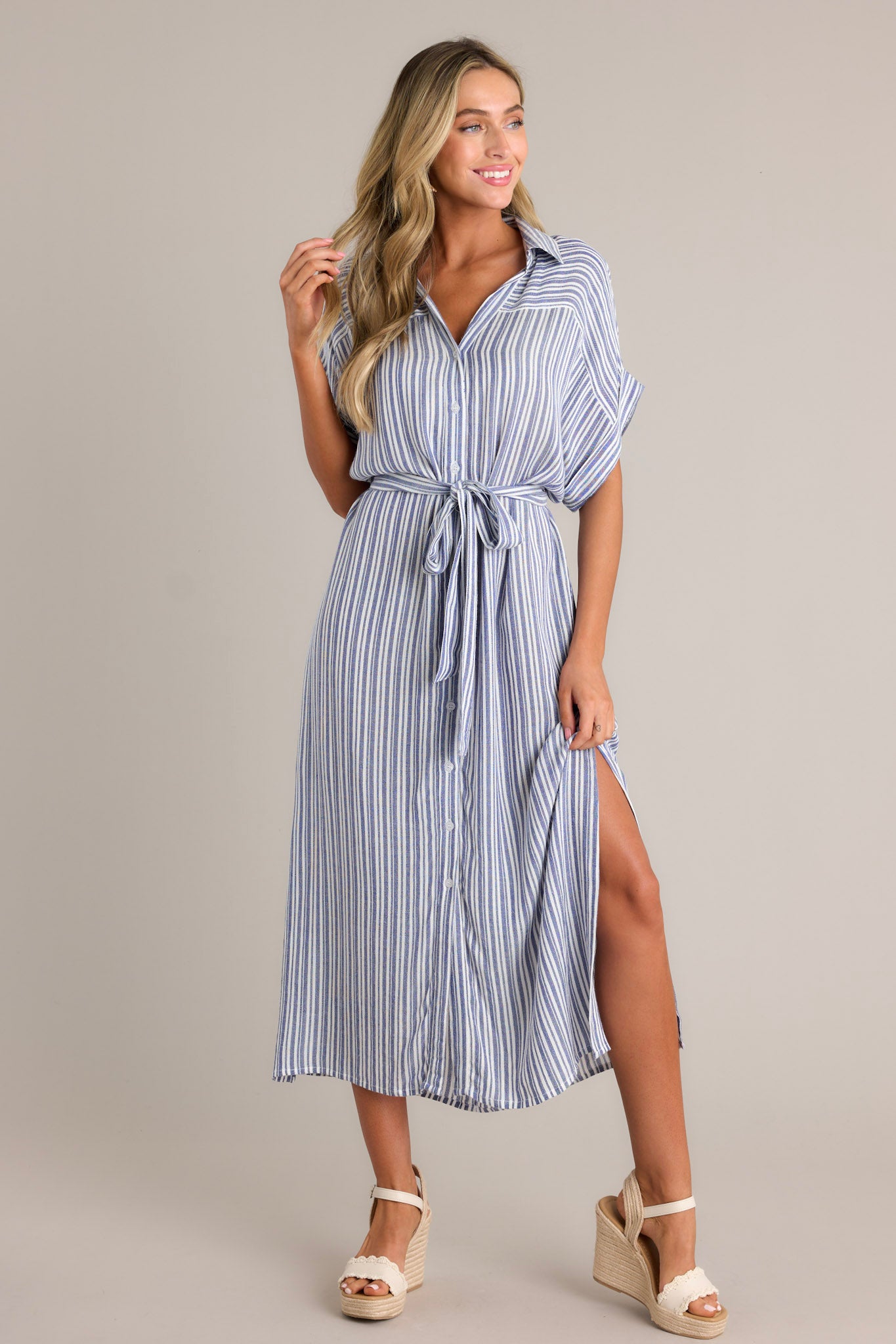 Women's Blue Shirt Style Draped Midi Dress