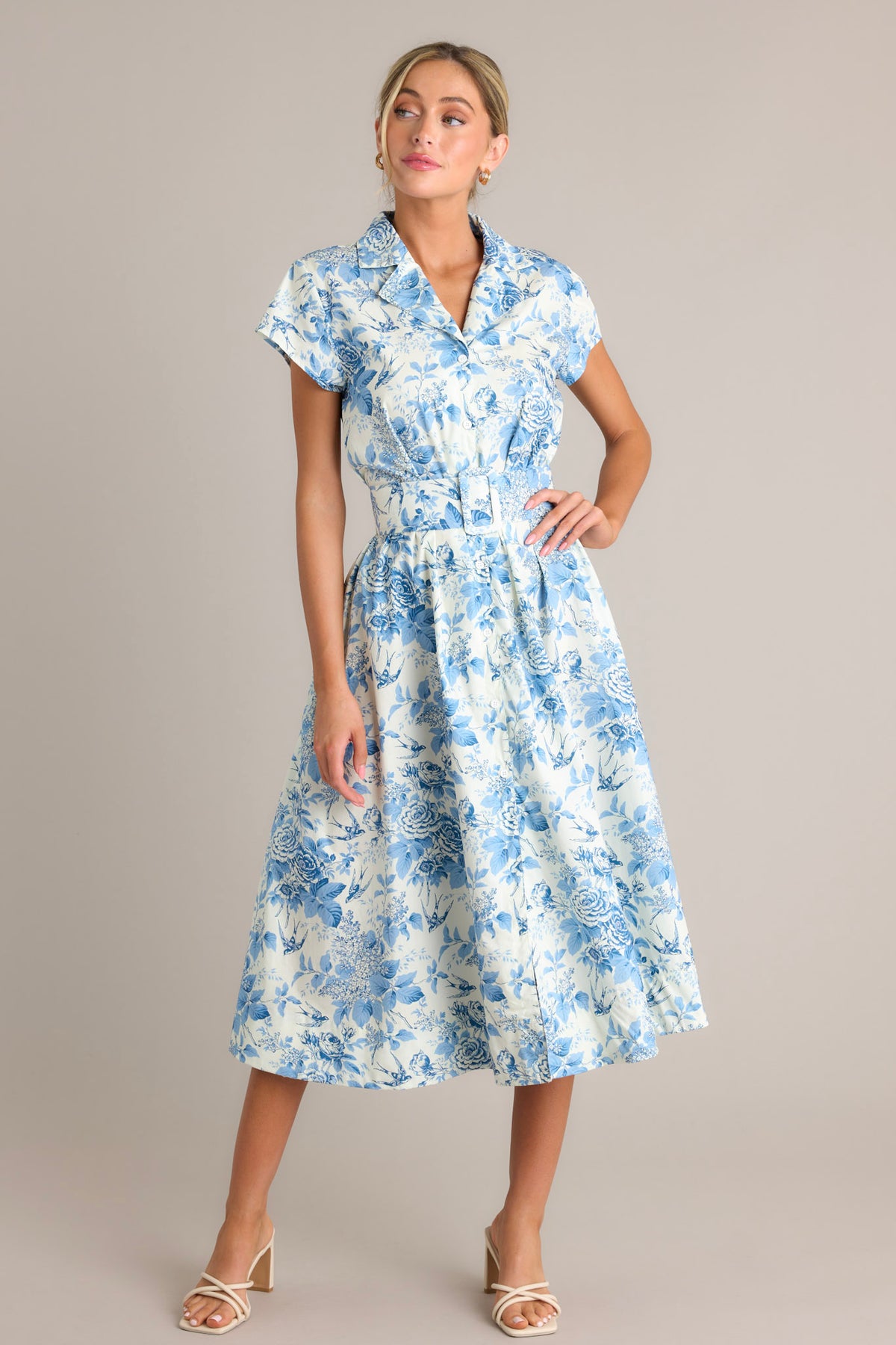 Floral Blue & White Midi Dress - All Dresses | Red Dress
