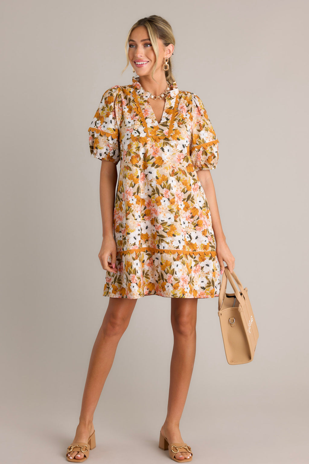 100% Cotton Honey Yellow Floral Mini Dress - All Dresses