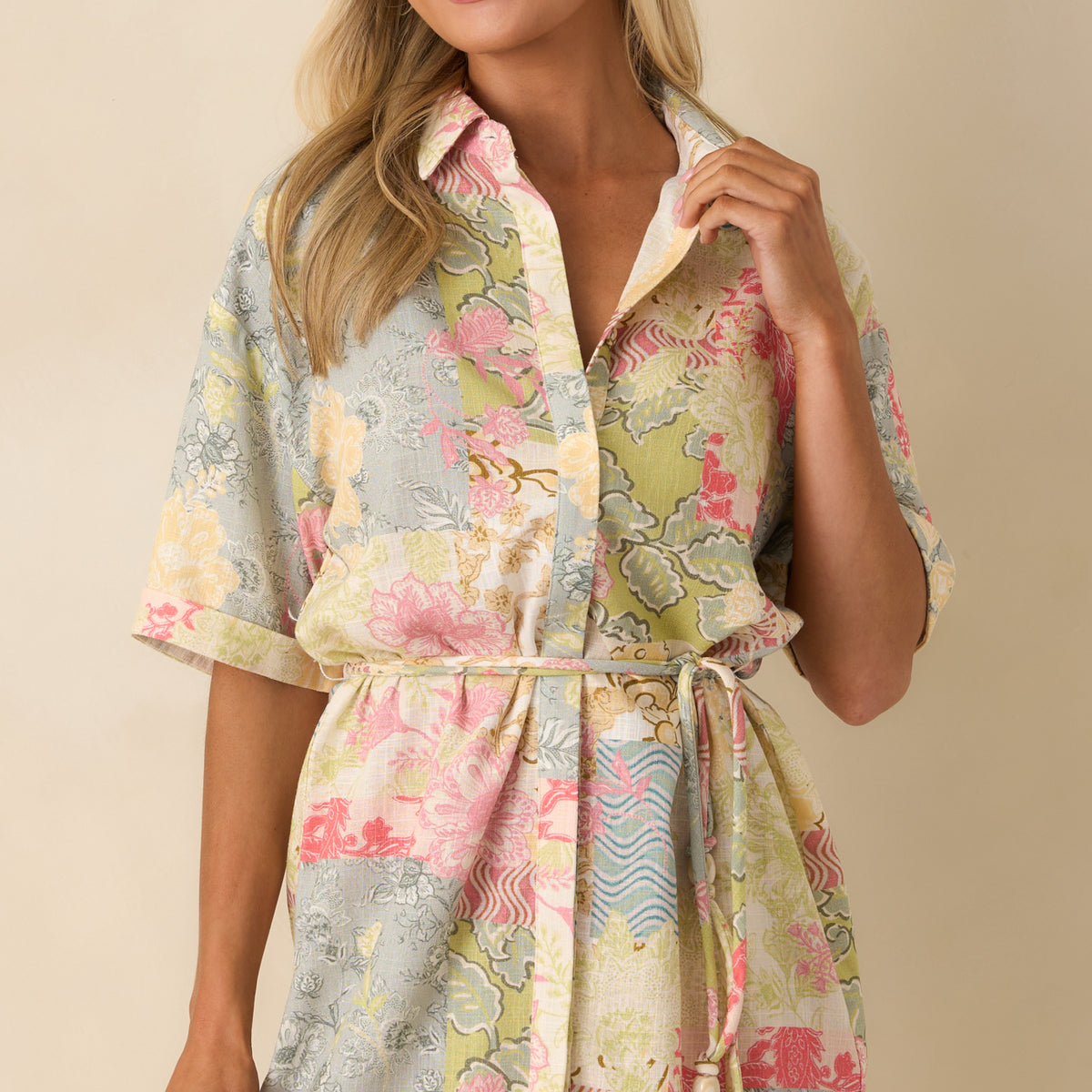 MINKPINK Aurora Mini Shirt Dress In Patchwork | Red Dress