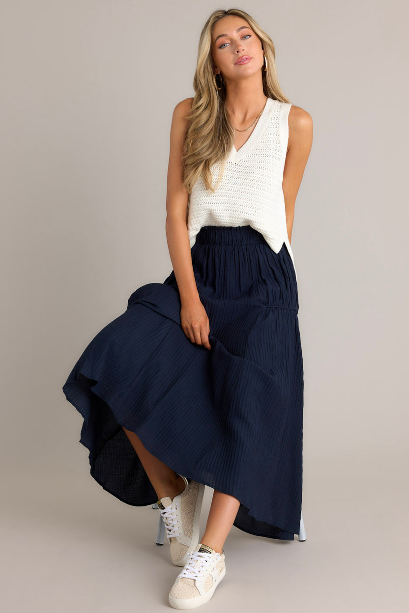 Navy Embellished Silk Maxi Skirt Set (S/M)