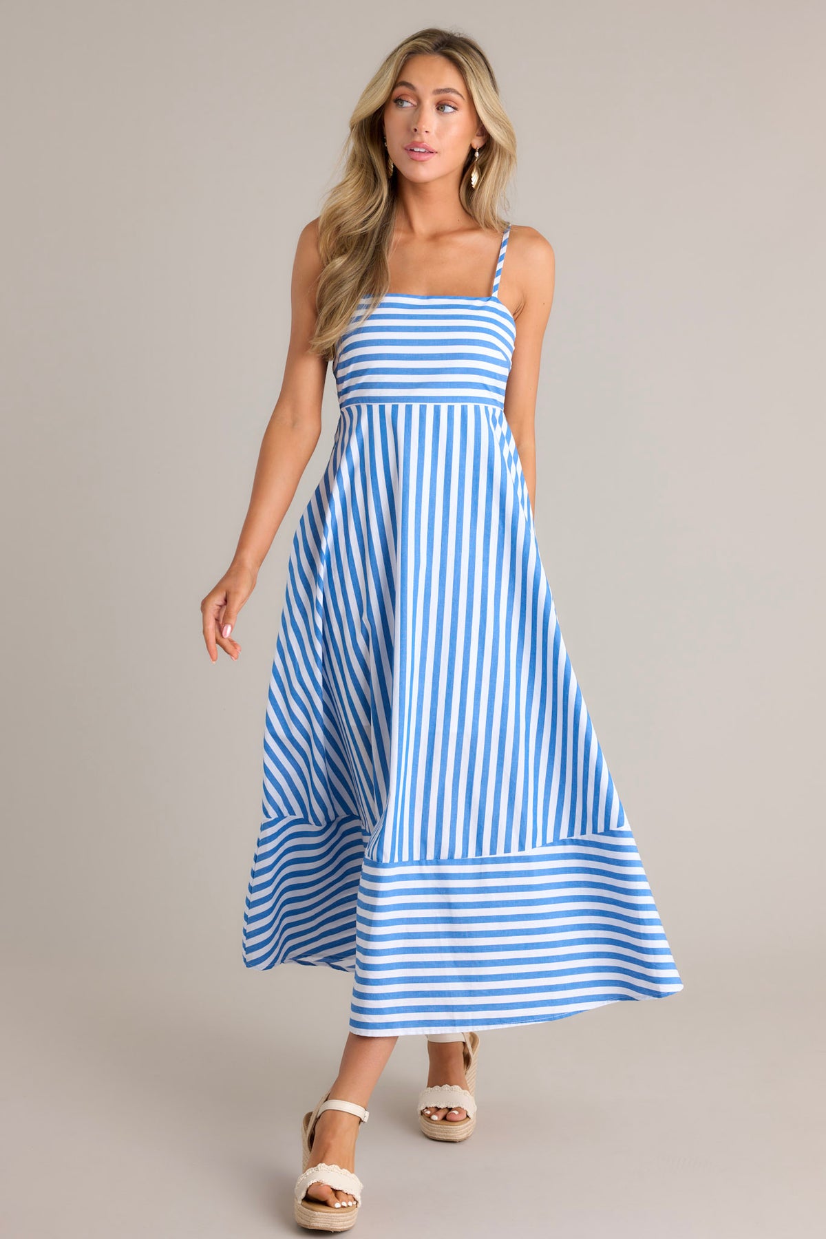 Cotton Midi Dress with Belt – Nude & Blue Stripes main image 1