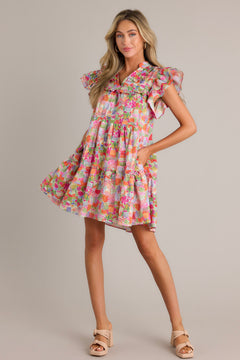 Pink Floral Flutter Sleeve Mini Dress - Casual Dresses | Red Dress