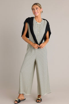 10131 Black-Ecru Striped Tassel Detail Jumpsuit main image 0