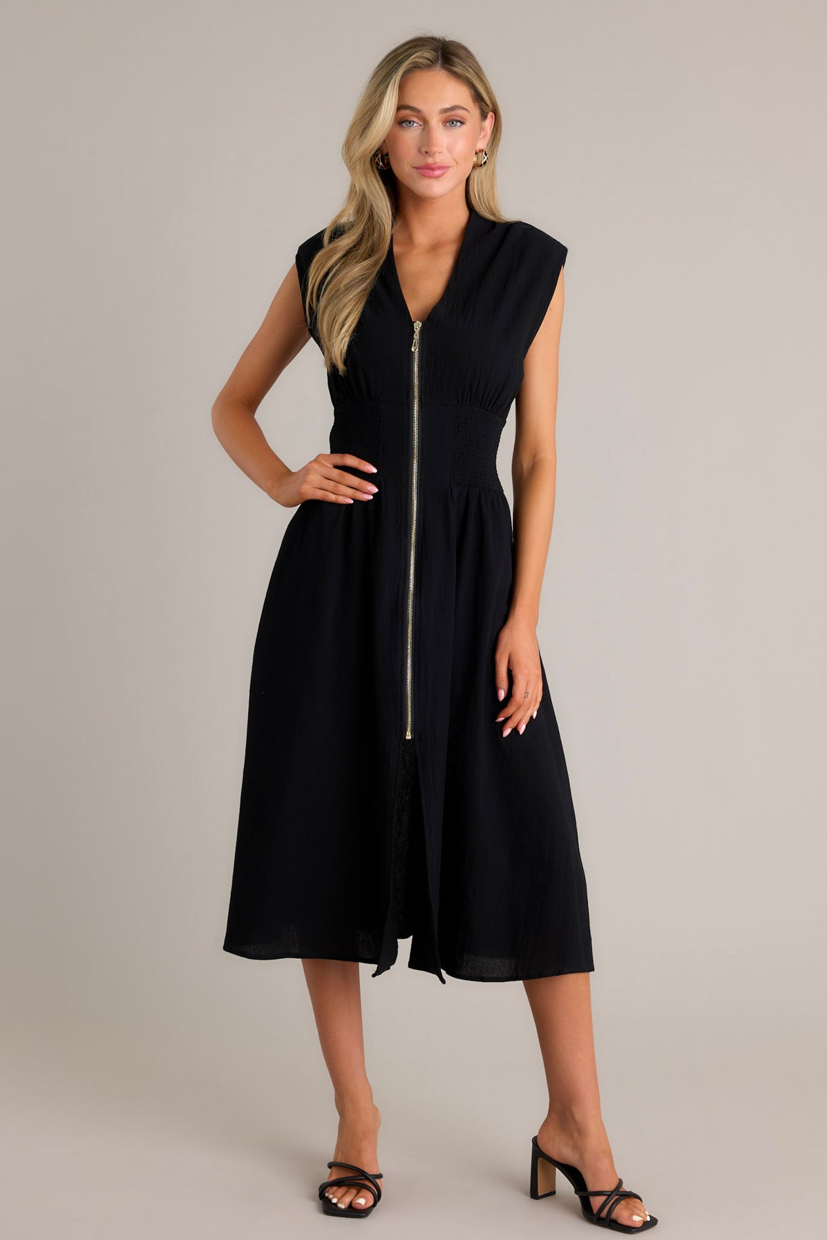 Zipper Front Black 100% Cotton Midi Dress - All Dresses | Red Dress