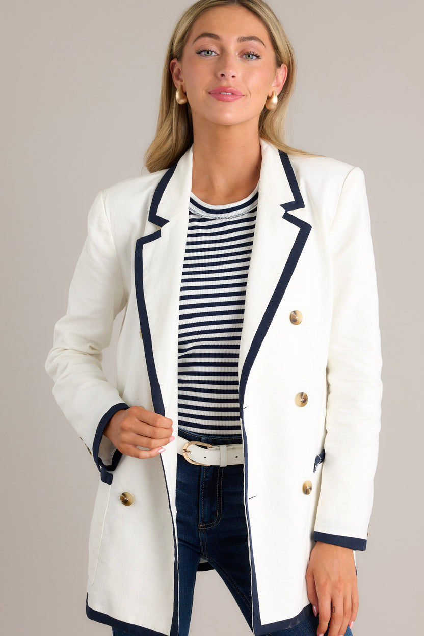 Double-Breasted Blazer with Sheer Mesh Panel Sleeves - White