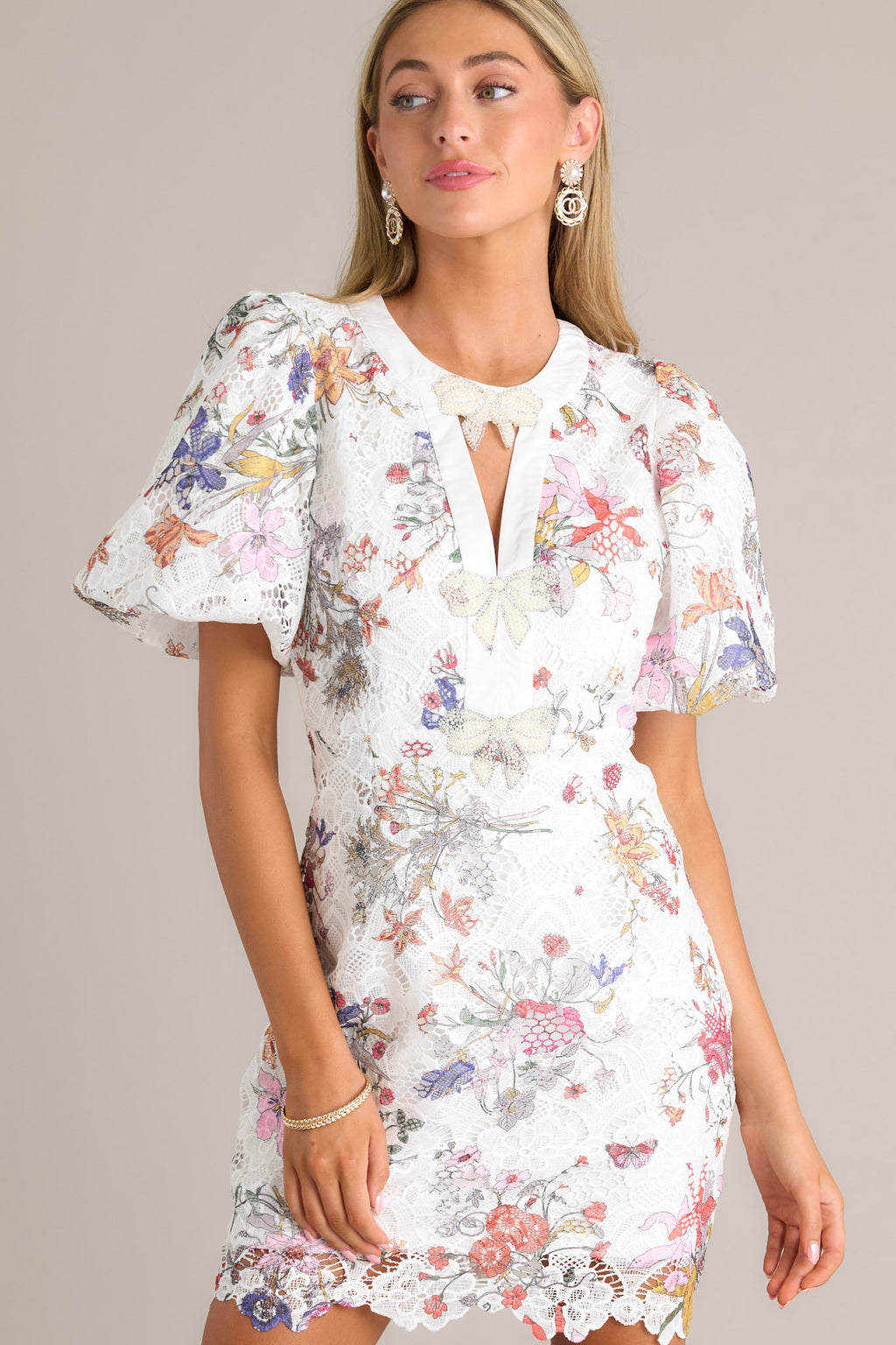 White Multi Floral Lace Mini Dress - All Dresses