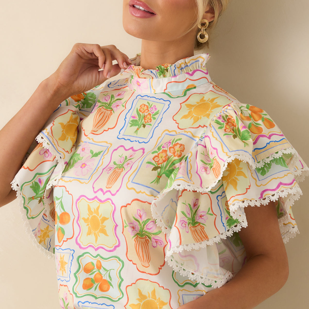 Prosperina Blair Ruffle Top In Peach Vintage Vignettes | Red Dress